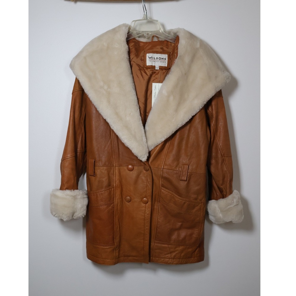 Wilsons Penny Lane Jacket Medium‎ Leather Honey Brown Teddy Shawl Cream Faux Fur